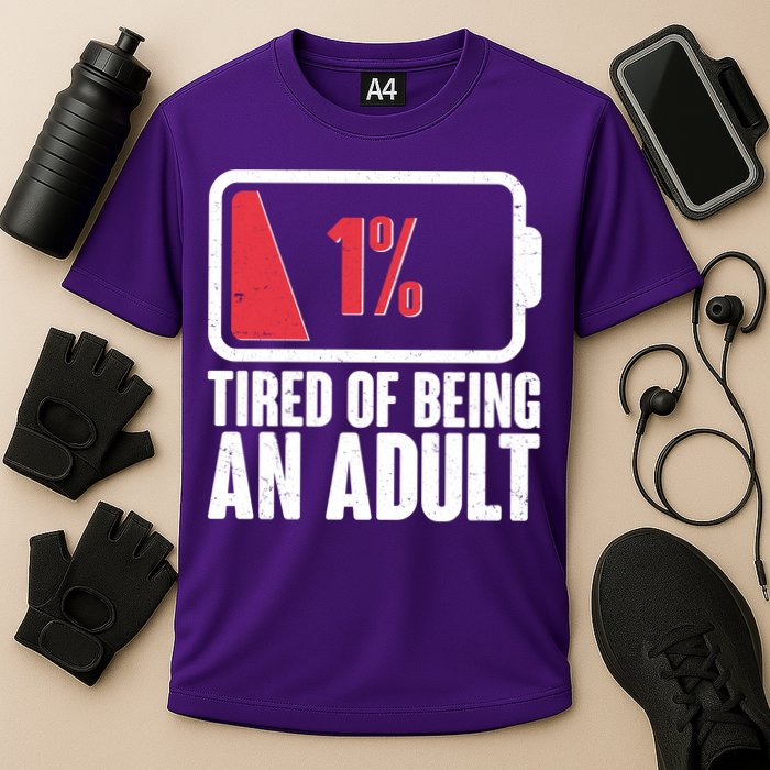 Funny Tired Of Being An Adult Low Battery Cooling Performance Crew T-Shirt