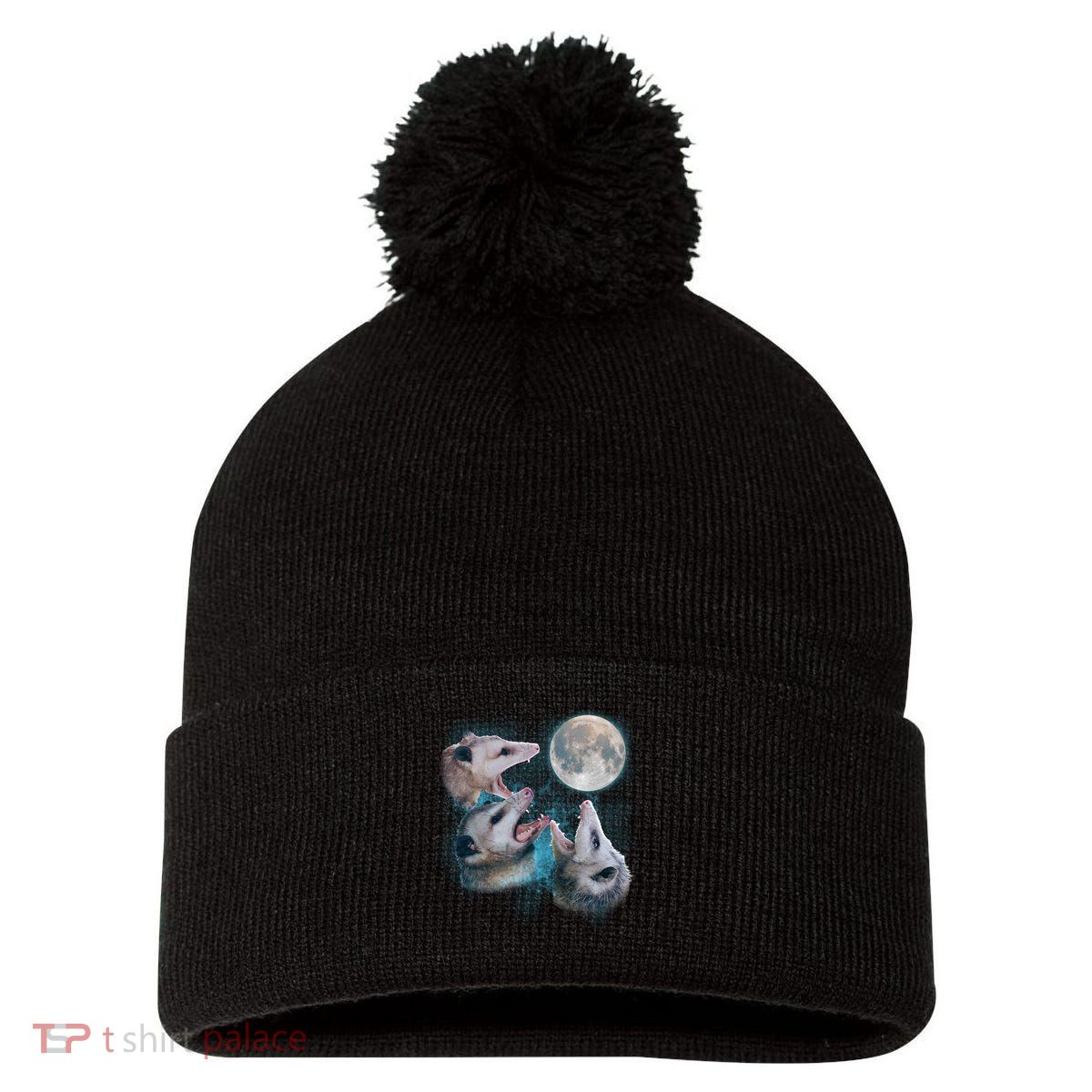 Funny Three Opossum Moon Pom Pom 12in Knit Beanie
