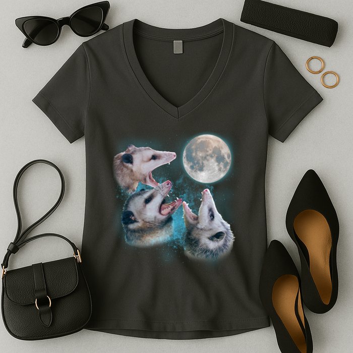 Funny Three Opossum Moon Women's V-Neck T-Shirt