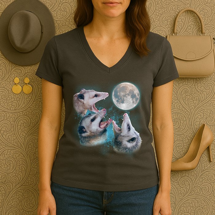 Funny Three Opossum Moon Women's V-Neck T-Shirt