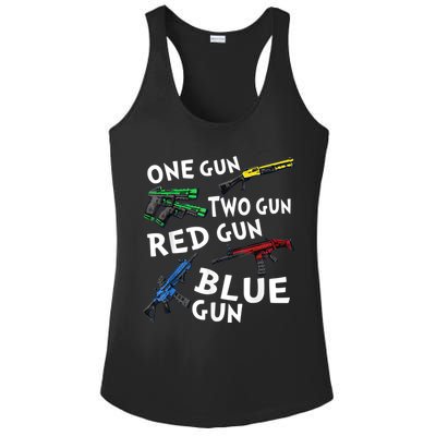 Funny Tee One Gun Two Gun Red Gun Blue Gun Custome Ladies PosiCharge Competitor Racerback Tank