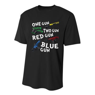 Funny Tee One Gun Two Gun Red Gun Blue Gun Custome Youth Performance Sprint T-Shirt