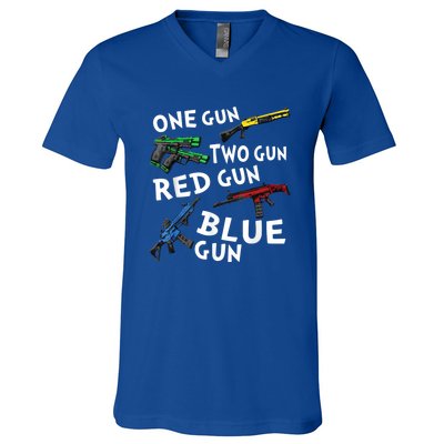 Funny Tee One Gun Two Gun Red Gun Blue Gun Custome V-Neck T-Shirt