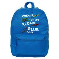 Funny Tee One Gun Two Gun Red Gun Blue Gun Custome 16 in Basic Backpack