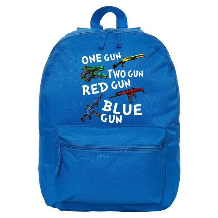 Funny Tee One Gun Two Gun Red Gun Blue Gun Custome 16 in Basic Backpack