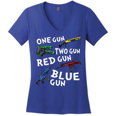 Funny Tee One Gun Two Gun Red Gun Blue Gun Custome Women's V-Neck T-Shirt