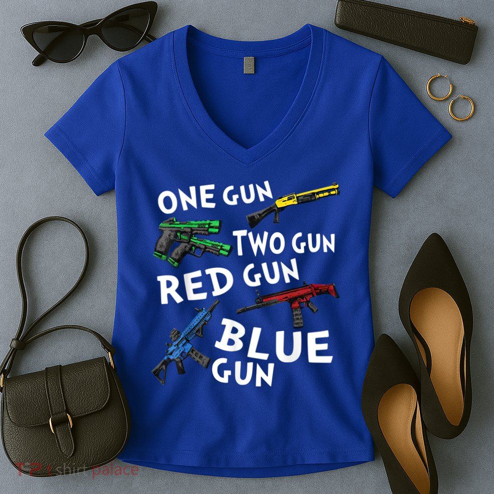 Funny Tee One Gun Two Gun Red Gun Blue Gun Custome Women's V-Neck T-Shirt