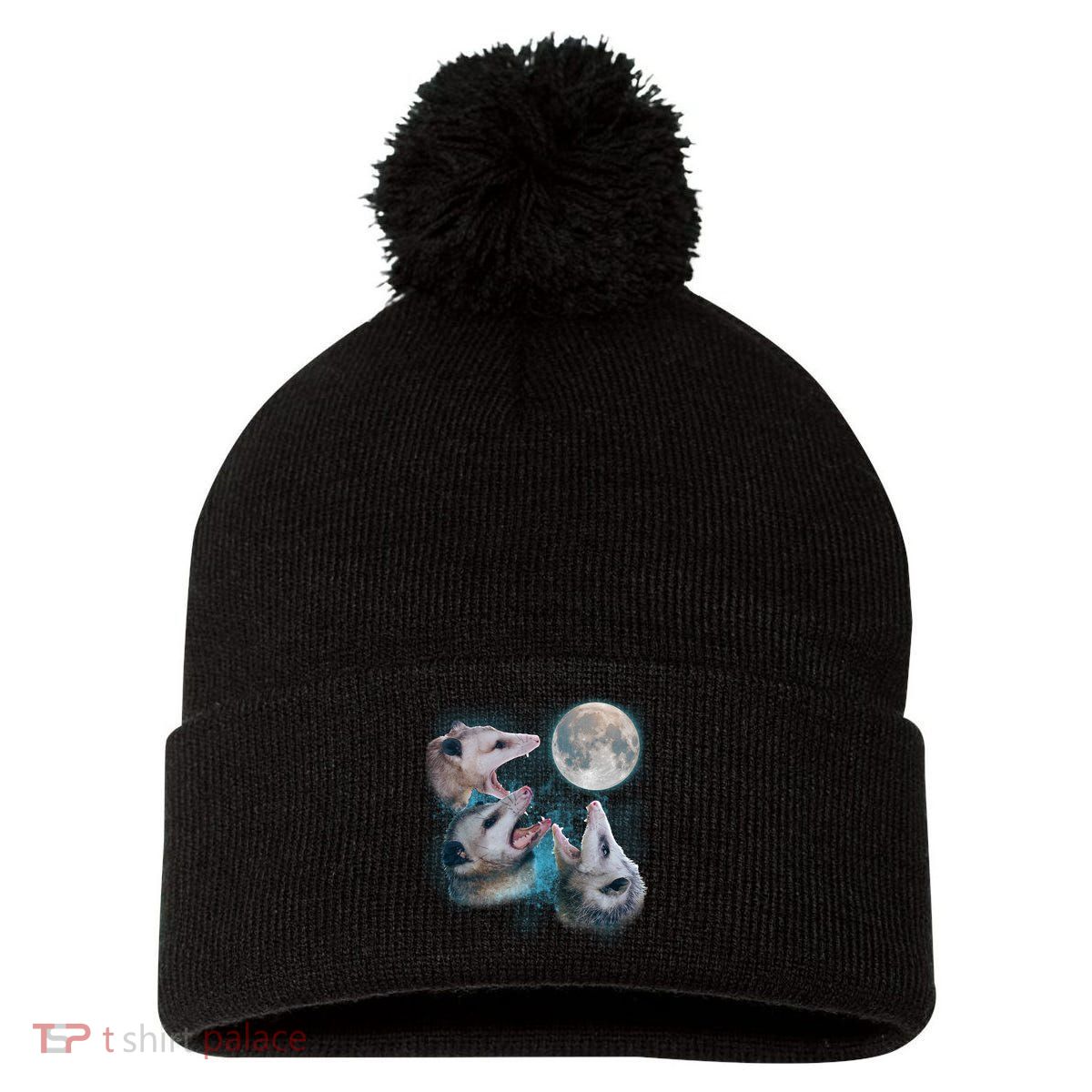 Funny Three Opossom Moon Pom Pom 12in Knit Beanie