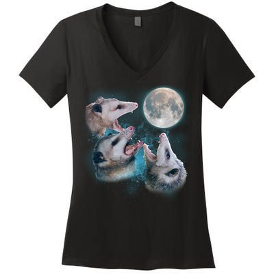 Funny Three Opossom Moon Women's V-Neck T-Shirt