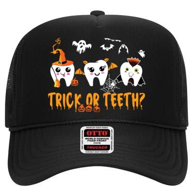 Funny Trick Or Teeth Dentist Halloween Costume Dental Squad High Crown Mesh Back Trucker Hat