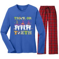 Funny Trick Or Teeth Dental Halloween Gift Women's Long Sleeve Flannel Pajama Set 