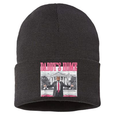 Funny Trump Pink Daddys Home  Trump 2024 Sustainable Knit Beanie