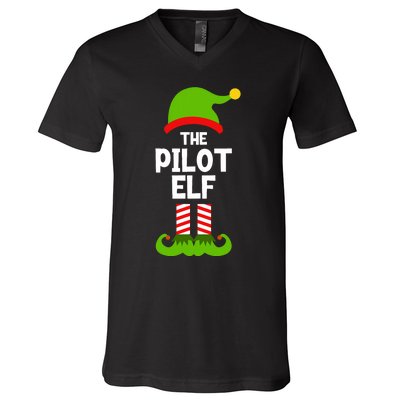 Funny The Pilot Elf Christmas Matching Family Party V-Neck T-Shirt