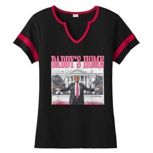 Funny Trump Pink Daddys Home  Trump 2024 Ladies Halftime Notch Neck Tee