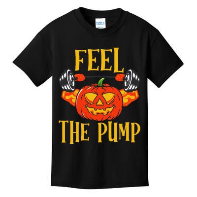 Feel The Pump Halloween Pumpkin Gym Funny Workout Lifting Kids T-Shirt