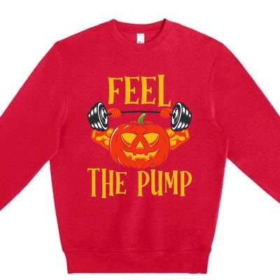 Feel The Pump Halloween Pumpkin Gym Funny Workout Lifting Premium Crewneck Sweatshirt