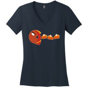 Funny Thanksgiving Pacman Turkey Women's V-Neck T-Shirt