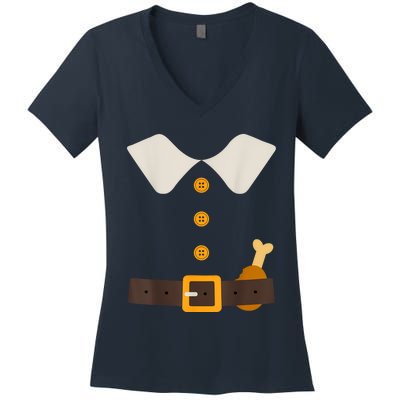 Funny Thanksgiving Pilgrim Costume With Turkey Leg Women's V-Neck T-Shirt