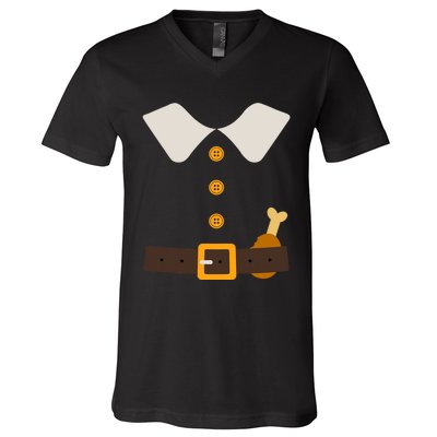 Funny Thanksgiving Pilgrim Costume With Turkey Leg V-Neck T-Shirt