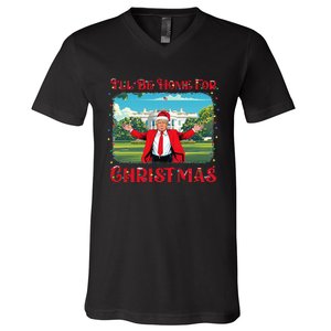 Funny Trump Pajamas ILl Be Home For Christmas Santa Xmas V-Neck T-Shirt