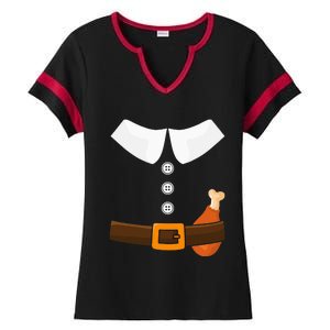 Funny Thanksgiving Pilgrim Costume With Turkey Leg Ladies Halftime Notch Neck Tee