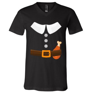 Funny Thanksgiving Pilgrim Costume With Turkey Leg V-Neck T-Shirt