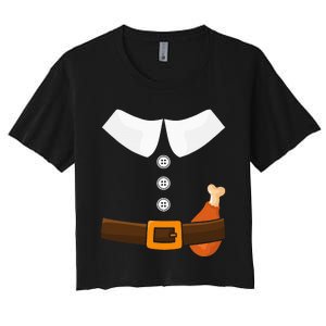 Funny Thanksgiving Pilgrim Costume With Turkey Leg Women's Crop Top Tee