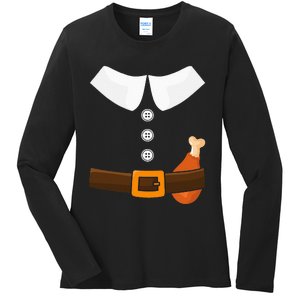 Funny Thanksgiving Pilgrim Costume With Turkey Leg Ladies Long Sleeve Shirt