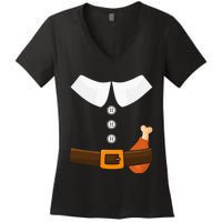 Funny Thanksgiving Pilgrim Costume With Turkey Leg Women's V-Neck T-Shirt