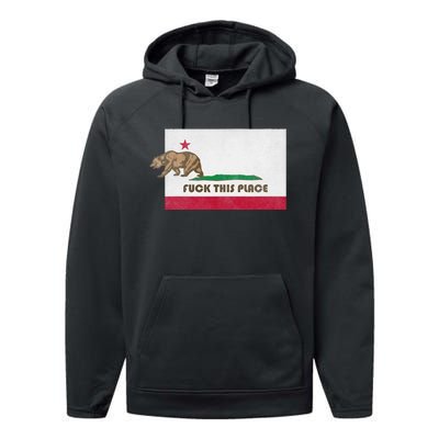 Fuck This Place California Republic Flag Funny The Bear Performance Fleece Hoodie