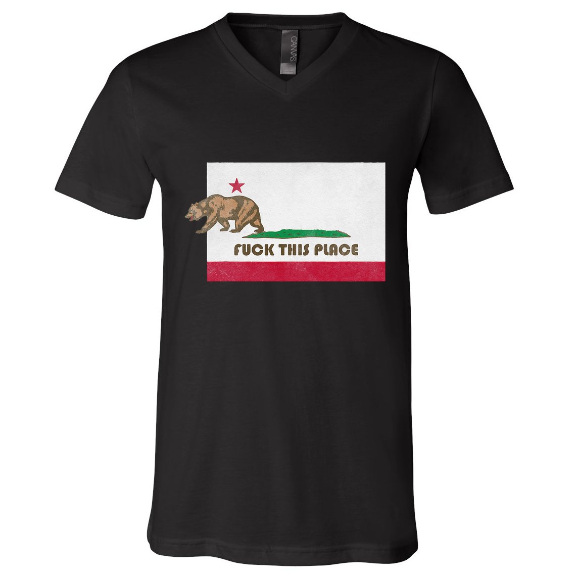 Fuck This Place California Republic Flag Funny The Bear V-Neck T-Shirt