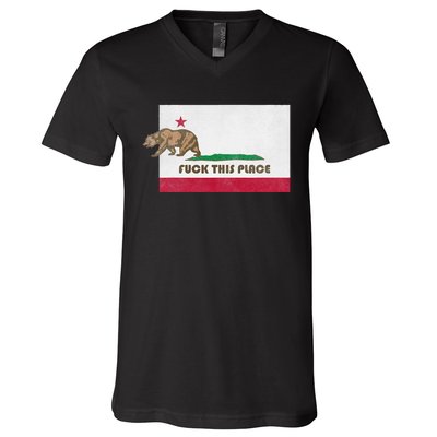 Fuck This Place California Republic Flag Funny The Bear V-Neck T-Shirt