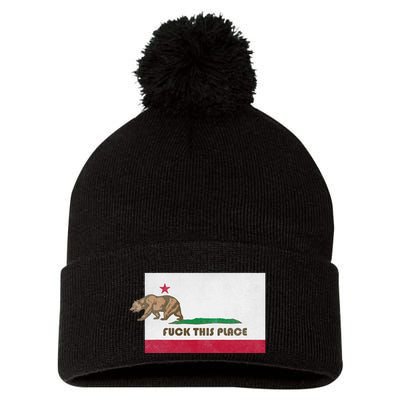 Fuck This Place California Republic Flag Funny The Bear Pom Pom 12in Knit Beanie