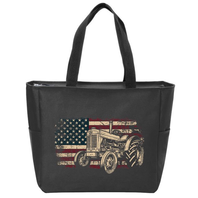 Farm Tractor Proud Farmer Patriotic American Flag Tractor Zip Tote Bag