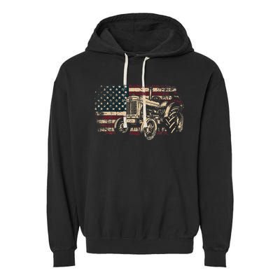 Farm Tractor Proud Farmer Patriotic American Flag Tractor Garment-Dyed Fleece Hoodie