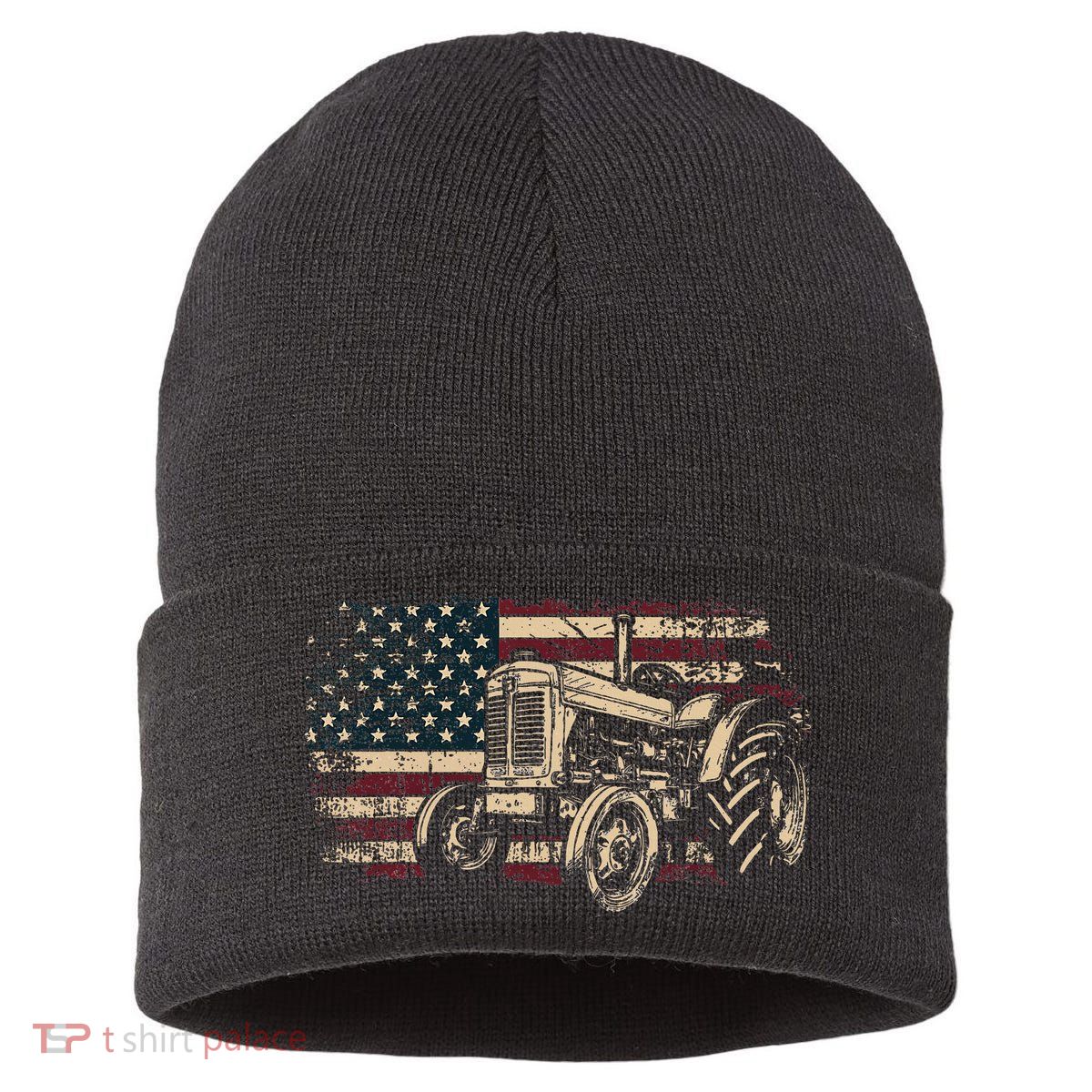 Farm Tractor Proud Farmer Patriotic American Flag Tractor Sustainable Knit Beanie