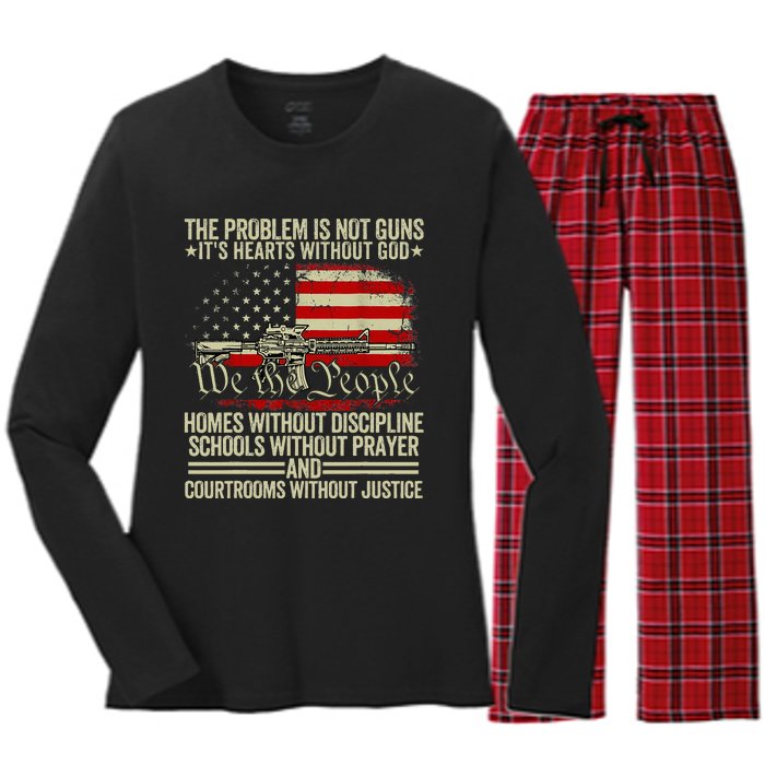 Funny The Problem Is Not Guns ItS Hearts Without God Women's Long Sleeve Flannel Pajama Set 