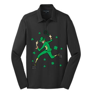 Funny Tennis Player Leprechaun St Patrick's Day Tennis Fan Gift Silk Touch Performance Long Sleeve Polo