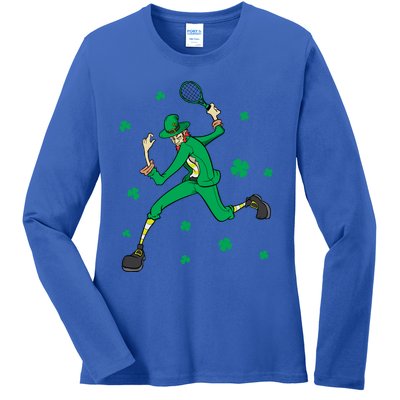 Funny Tennis Player Leprechaun St Patrick's Day Tennis Fan Gift Ladies Long Sleeve Shirt