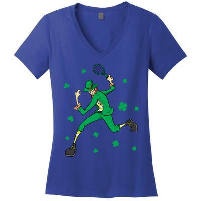 Funny Tennis Player Leprechaun St Patrick's Day Tennis Fan Gift Women's V-Neck T-Shirt