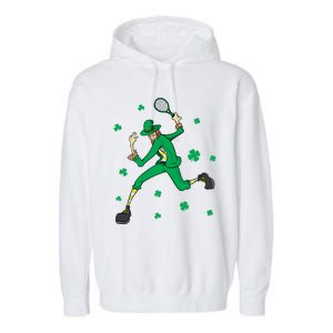 Funny Tennis Player Leprechaun St Patrick's Day Tennis Fan Gift Garment-Dyed Fleece Hoodie