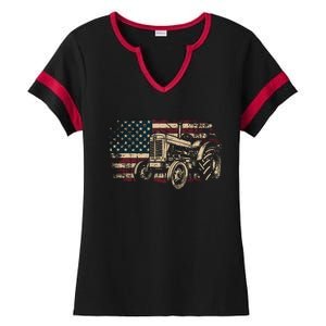 Farm Tractor Proud Farmer Patriotic American Flag Tractor Ladies Halftime Notch Neck Tee