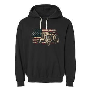 Farm Tractor Proud Farmer Patriotic American Flag Tractor Garment-Dyed Fleece Hoodie