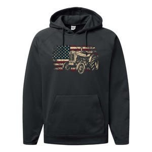 Farm Tractor Proud Farmer Patriotic American Flag Tractor Performance Fleece Hoodie