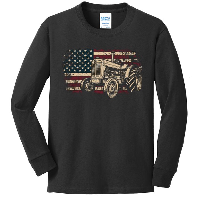 Farm Tractor Proud Farmer Patriotic American Flag Tractor Kids Long Sleeve Shirt