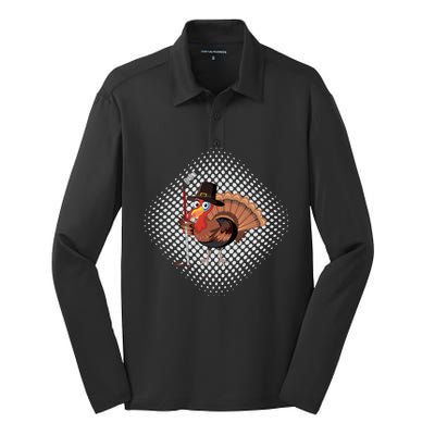 Funny Turkey Playing Ice Hockey Thanksgiving Gift Silk Touch Performance Long Sleeve Polo