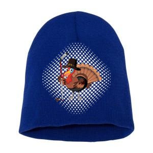 Funny Turkey Playing Ice Hockey Thanksgiving Gift Short Acrylic Beanie