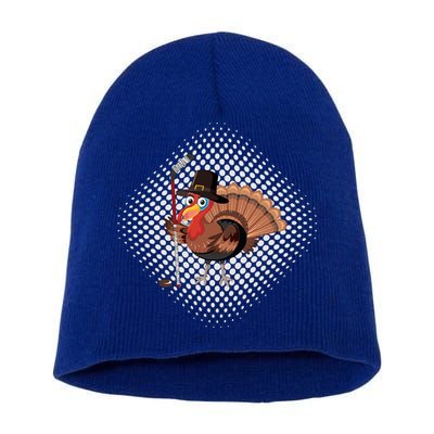 Funny Turkey Playing Ice Hockey Thanksgiving Gift Short Acrylic Beanie