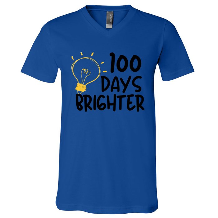 Funny Teacher Quote 100 Days Brighter 100th Day Of School Gift V-Neck T-Shirt