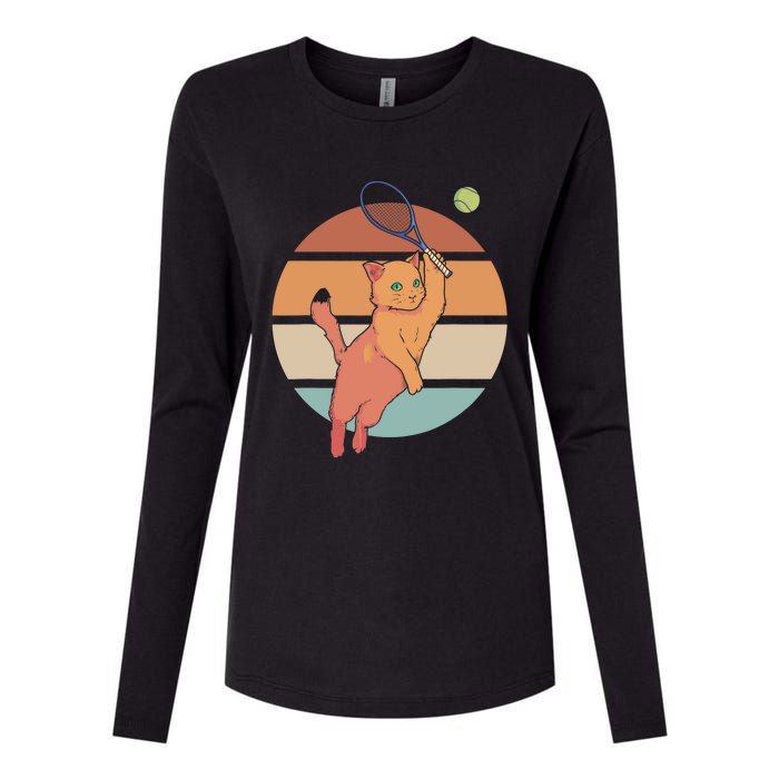 Funny Tennis Racket Cat Playing Tennis Womens Cotton Relaxed Long Sleeve T-Shirt